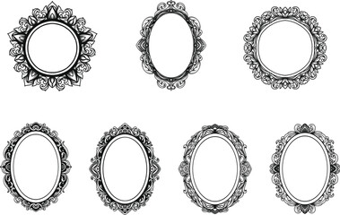 Set of oval frame vintage border engraving with swirl classic ornament, antique baroque decorative element, filigree, victorian style Vector illustration
