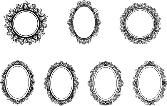 Set of oval frame vintage border engraving with swirl classic ornament, antique baroque decorative element, filigree, victorian style Vector illustration