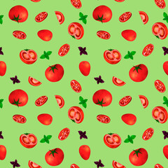 Red tomato and basil, watercolor seamless pattern, on black background. For prints on textile and paper, clothes, plates and dishes design, decoration for kitchen, restaurant menus, recipes, cookbook