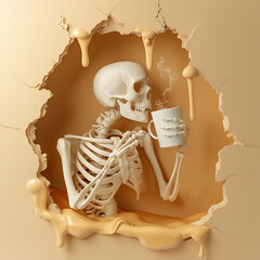 3D Halloween Skeleton drinks coffee in a Cave