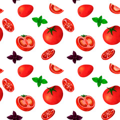 Red tomato and basil, watercolor seamless pattern, on white background. For prints on textile and paper, clothes, plates and dishes design, decoration for kitchen, restaurant menus, recipes, cookbook