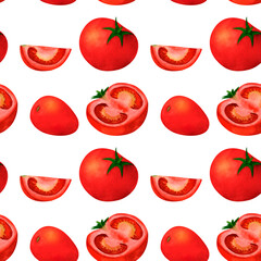 Red tomato, watercolor seamless pattern, on white background. For prints on textile and paper, clothes, plates and dishes design, decoration for kitchen, restaurant menus, recipes, cookbook