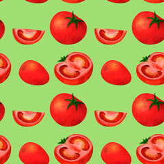 Red tomato, watercolor seamless pattern, on green background. For prints on textile and paper, clothes, plates and dishes design, decoration for kitchen, restaurant menus, recipes, cookbook