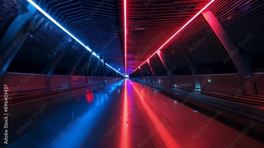 Aufkleber a long, empty moving walkway tunnel with red and blue lights illuminated on the ceiling. the tunnel 