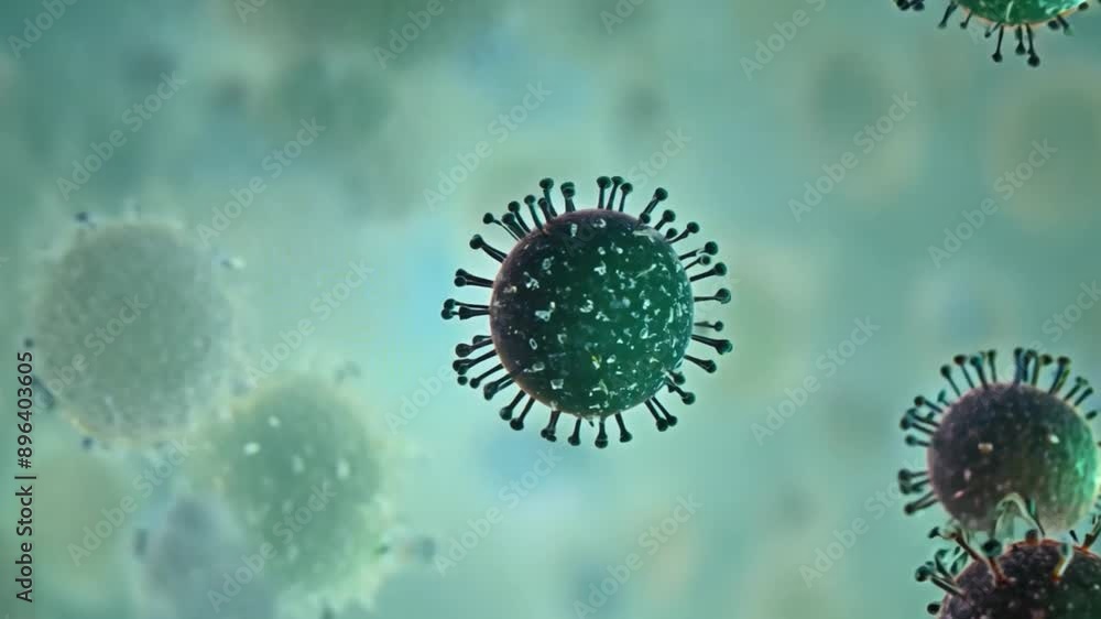 Poster A close-up image of several virus particles, showcasing their spherical shapes and spiky structures.