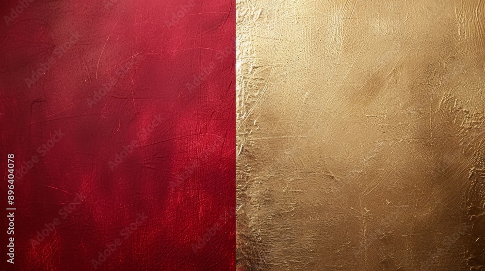 Poster deep red and metallic gold paint combine on a wall, creating a textured background with a distinct l