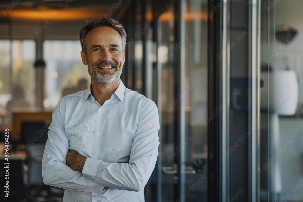 Poster Successful business man smiling as he stands outside a meeting room in a professional workplace. Caucasian male executive looking away in reflection of his business accomplishments - generative ai