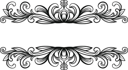 Vintage Baroque frame element. Arabesque engraving ornament. Flourish ornamental, victorian border decorative design. Black and white filigree calligraphic vector