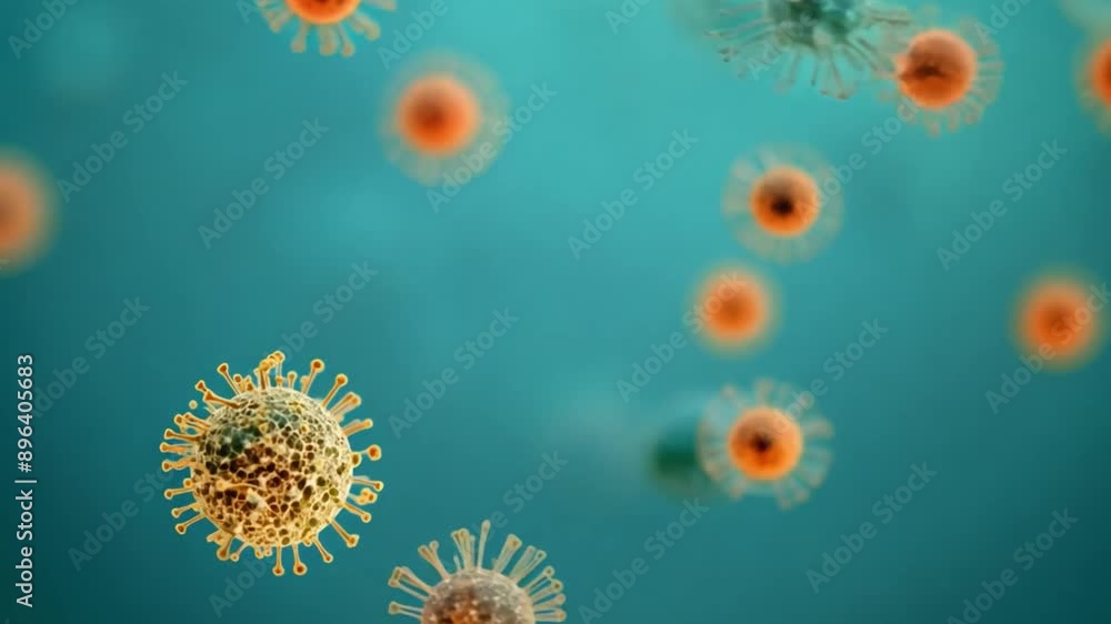 Aufkleber a microscopic view of virus particles, some with spiky surfaces, floating in a blue fluid.