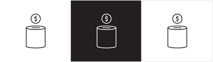 Savings can icon and finance icon. Thin line icon of saving money. Money, savings, income, wallet, dollars, coins, income, piggy bank, money storage icons on black and white and transparent background