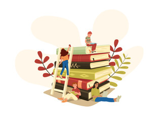 Children reading books, studying. The girl climbing to his goal. 
