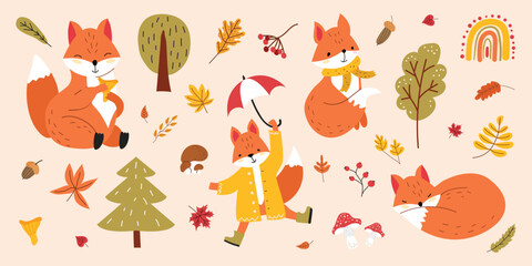Autumn set with a cute fox. Fall Collection with a forest animal, leaves, mushrooms. 
Children vector illustration in the hand drawn style on isolated background.