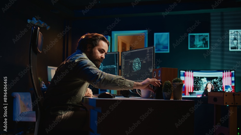 Poster scientist inserting disk into pc containing software evolving ai into sentient being, greeting creat