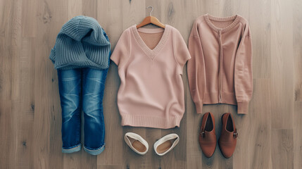Three sets of clothing arranged as a capsule wardrobe: jumpers paired with jeans and shoes. Ideal for spring, autumn, or winter, featuring women's stylish and elegant outfits. 