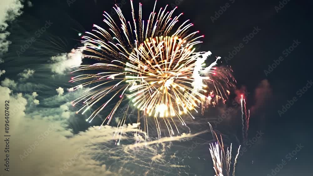 Poster a beautiful display of fireworks lights up the night sky. the fireworks burst and cascade in a dazzl
