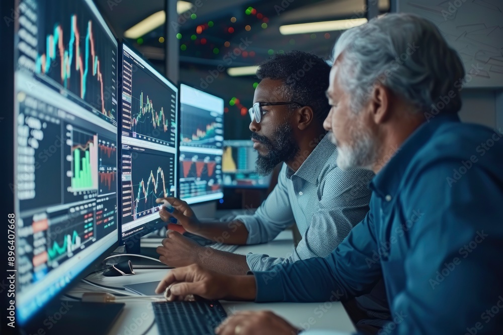 Poster Two diverse crypto traders brokers stock exchange market investors discussing trading charts research reports growth using pc computer looking at screen analyzing invest strategy - generative ai