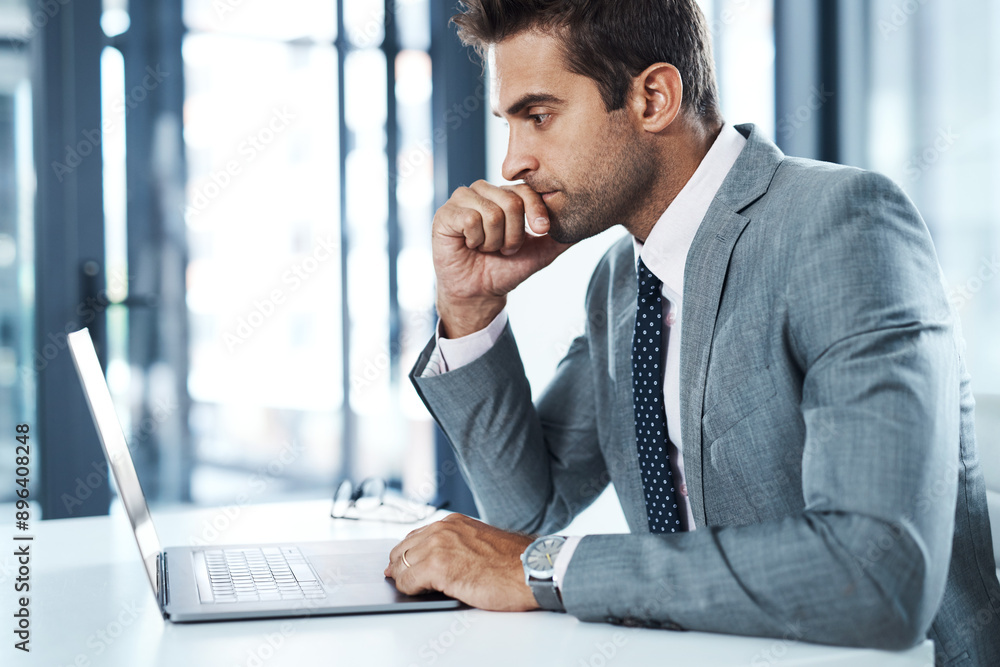 Poster decision, laptop and thinking with business man at desk in office for planning or problem solving. c