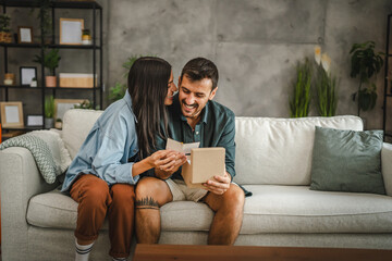 Boyfriend read greeting card thank you note from his girlfriend