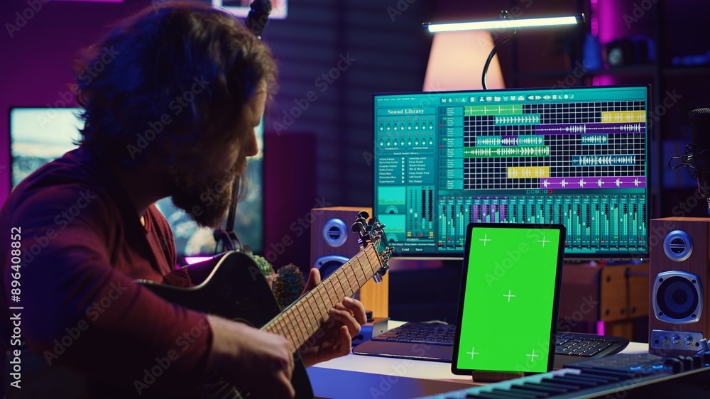 Leinwandbilder Sound engineer practices playing acoustic guitar using learning app tutorial on phone via greenscreen isolated display. Young musician learning to play instrument with online lessons. Camera A.
