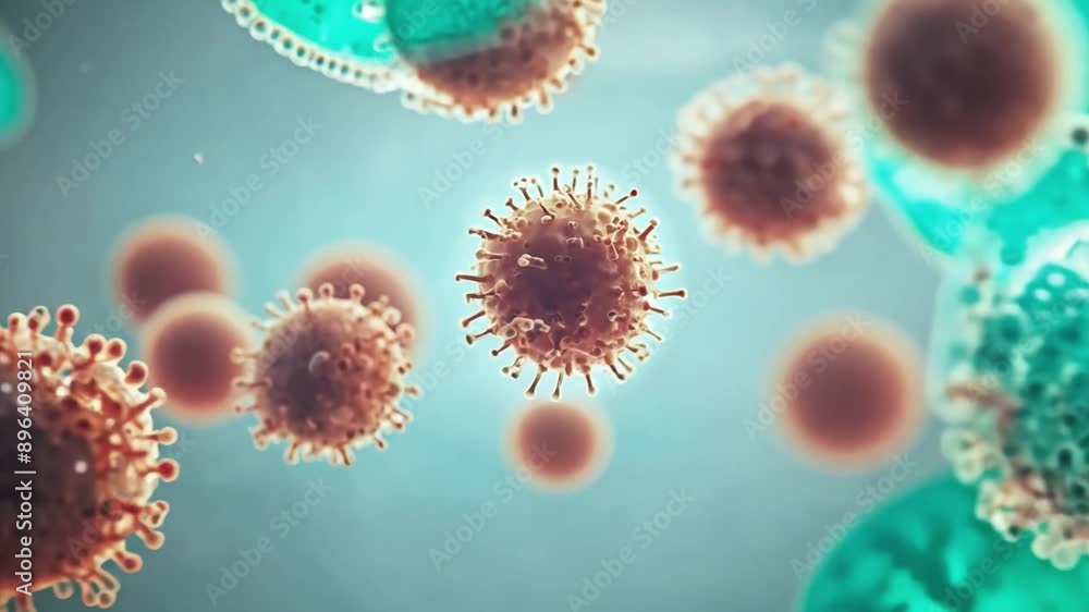 Poster a close-up image of several viruses and cells floating in a blue background, showcasing their intric