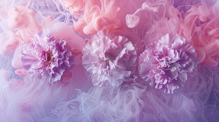 ethereal pink and purple carnations enveloped in mystical fog on a muted background