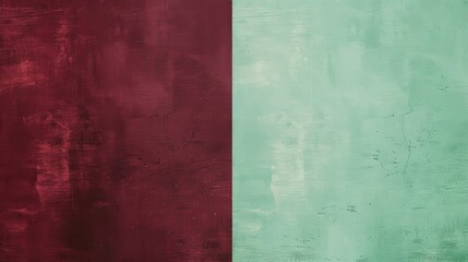 Obraz premium Minimalist background featuring a two-tone wall painted in maroon and pastel green, offering ample copyspace for design and text