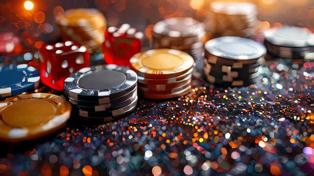 Casino gambling chips on green table with bokeh background