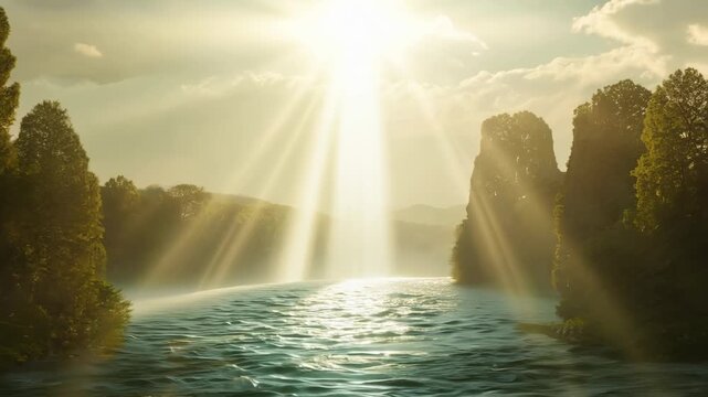 Rays of sunlight shine through trees on a cliffside, illuminating the surface of a river as the sun sets