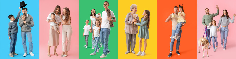 Collection of happy families on color background