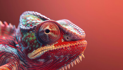 Obraz premium vibrant red chameleon closeup with detailed textures and patterns against a soft red background