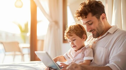 Family comparing hotel prices on a travel website, hotel booking, finding best deals