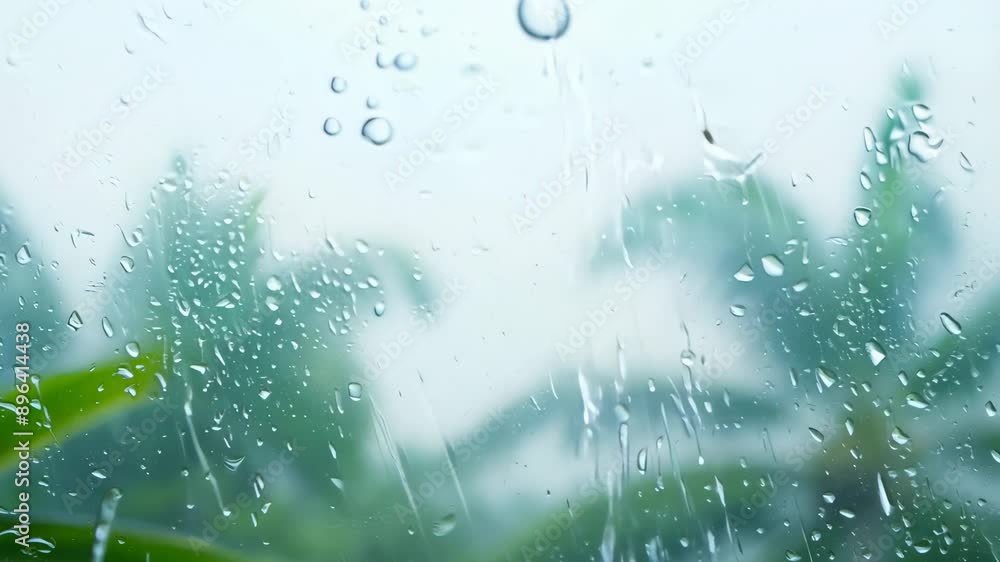 Poster rain falls on a window with palm trees visible through the blurry raindrops. the wind is blowing, ca