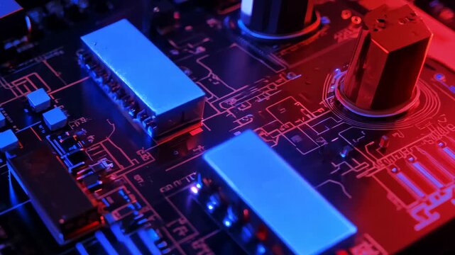 A detailed view of a computer motherboard, highlighting the intricate circuitry and components, illuminated in red and blue light