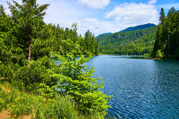 Clearwater Lake Surrounded by Lush Forests and Hills at Eye Level