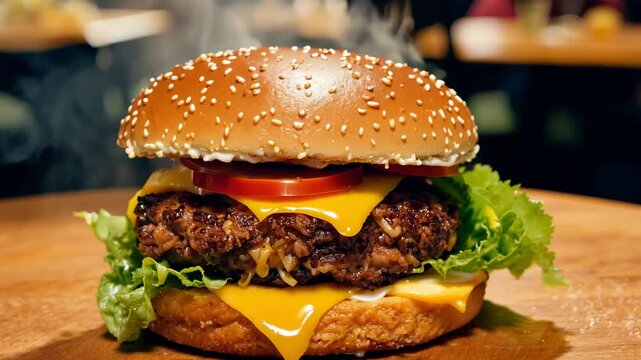 A close-up shot of a delicious cheeseburger with lettuce and tomato on a wooden table. The burger is topped with melted cheese and a juicy patty