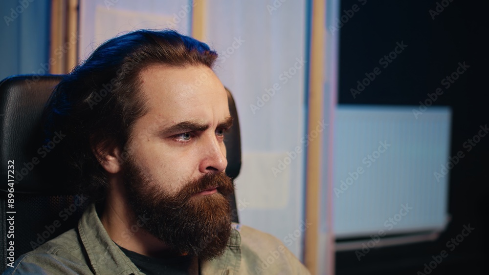 Poster man getting scared while programming after ai becomes sentient, afraid of it spiraling out of contro
