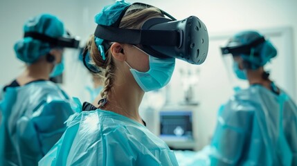 VR glasses technology, medical innovation wearing virtual reality glasses examines patient. New type of doctor training