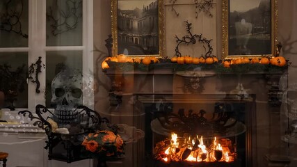 A fireplace decorated with pumpkins and a crackling fire provides a cozy atmosphere for a Halloween celebration