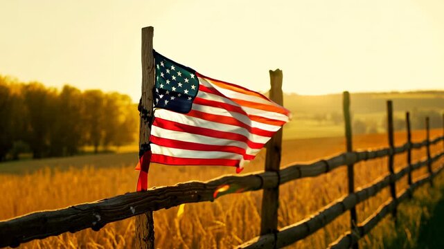 A US flag waves gently in the breeze, mounted on a wooden fence post. The sun is setting in the distance, casting a golden glow over the field and trees in the background