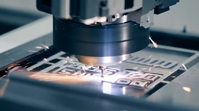 Close-up view of a CNC laser engraving machine working on a metal surface, creating detailed patterns and engravings