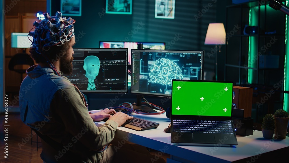 Poster computer scientist uploading brain into cyberspace, gaining digital persona using green screen lapto