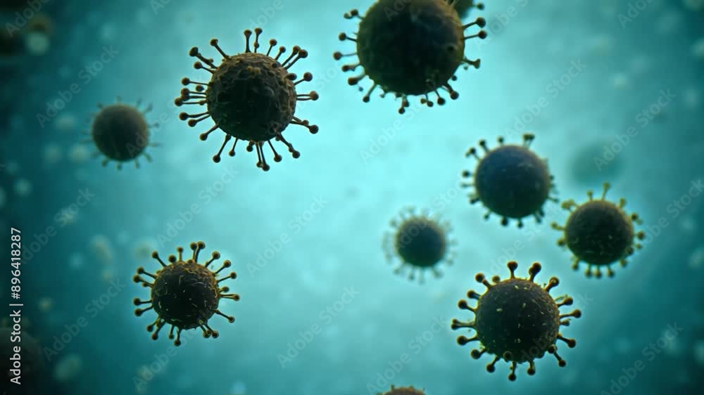 Leinwandbilder Multiple viruses are seen floating in a blue background in this microscopic image.