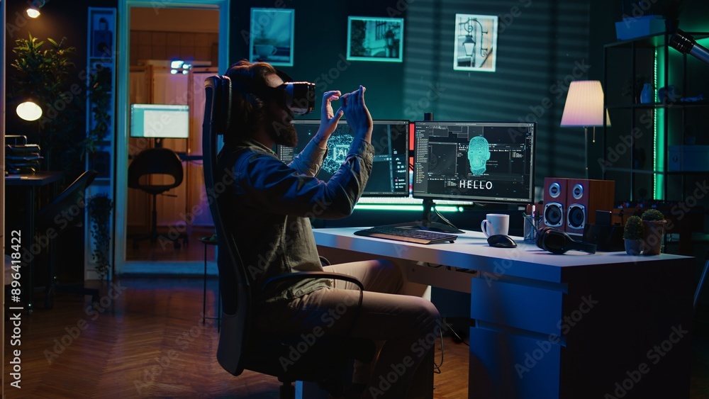 Poster developer using vr headset panicking after sentient artificial intelligence gains autonomy, threaten