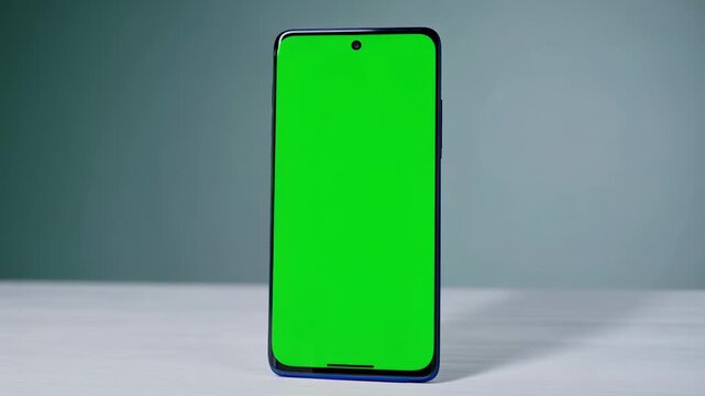 A blue smartphone with a green screen is standing upright on a white tabletop. The background is a muted blue