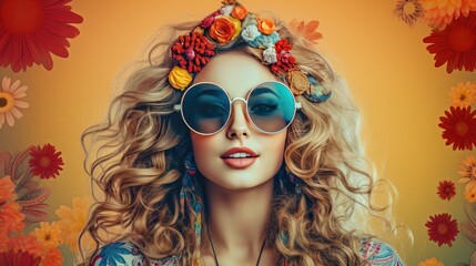 A portrait of an attractive hippie girl with long curly hair