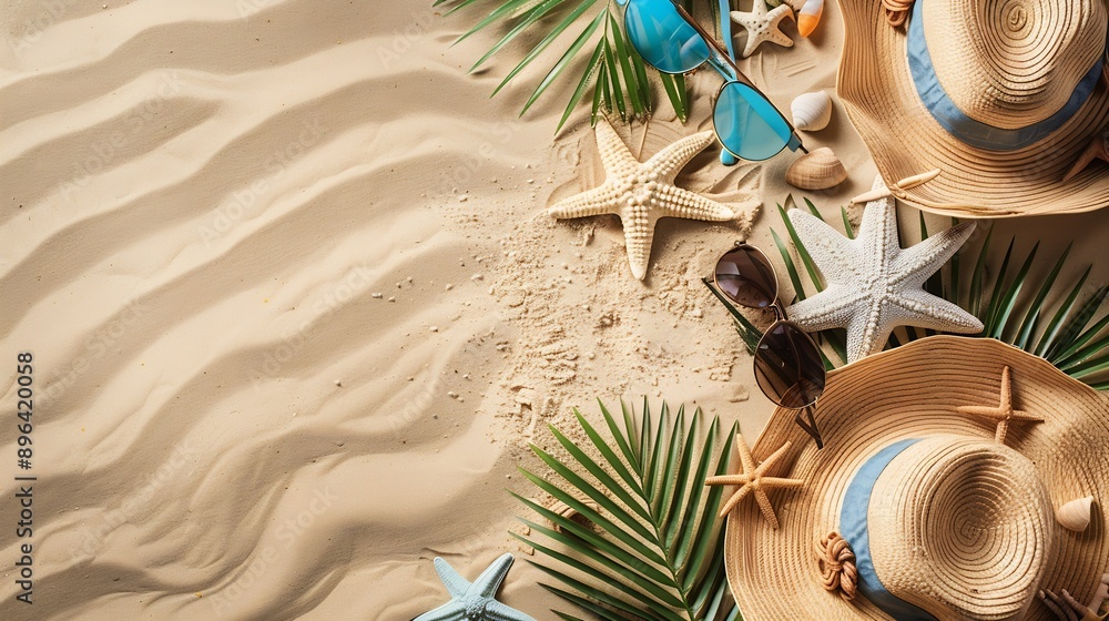Poster top view of summer items on sand at the beach summer holiday and relaxiation concept copy space flat