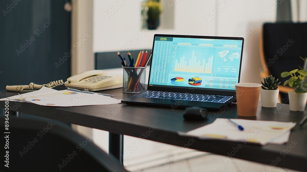 Poster market index listings values going up and down on laptop monitor, close up panning shot. broker trad