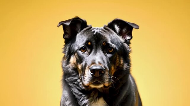A black dog with brown markings is staring at the camera. The dog's eyes are wide open, and it is looking directly at the viewer. The yellow background adds a warm and inviting atmosphere to the image