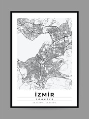 Modern Black and White İzmir Map Poster with Coordinates for Contemporary Wall Art