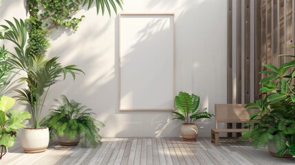 Cozy home office with lush plants and a picture frame on the wall, perfect for remote work or study space